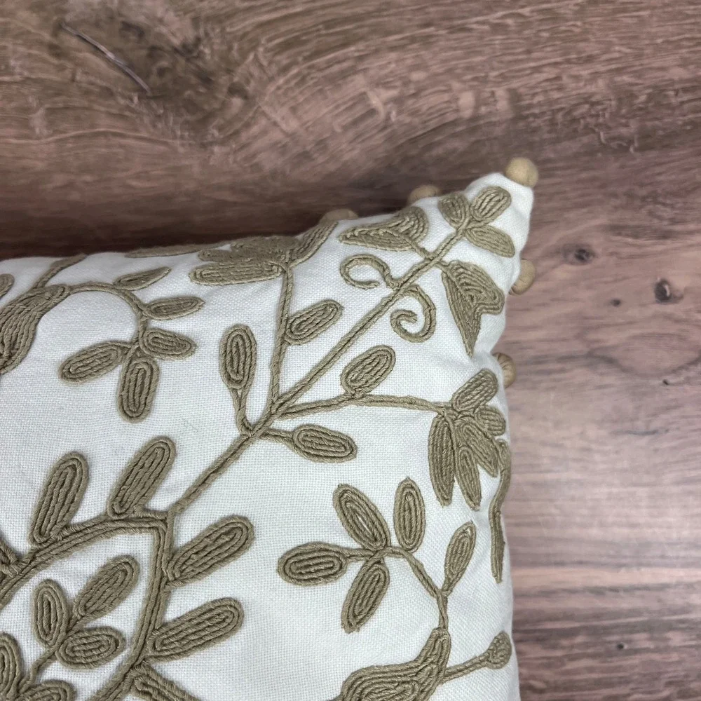 Pottery Barn Throw Pillow 12 x 12 White Tan Crewel Embroidered Pom-Pom Trim